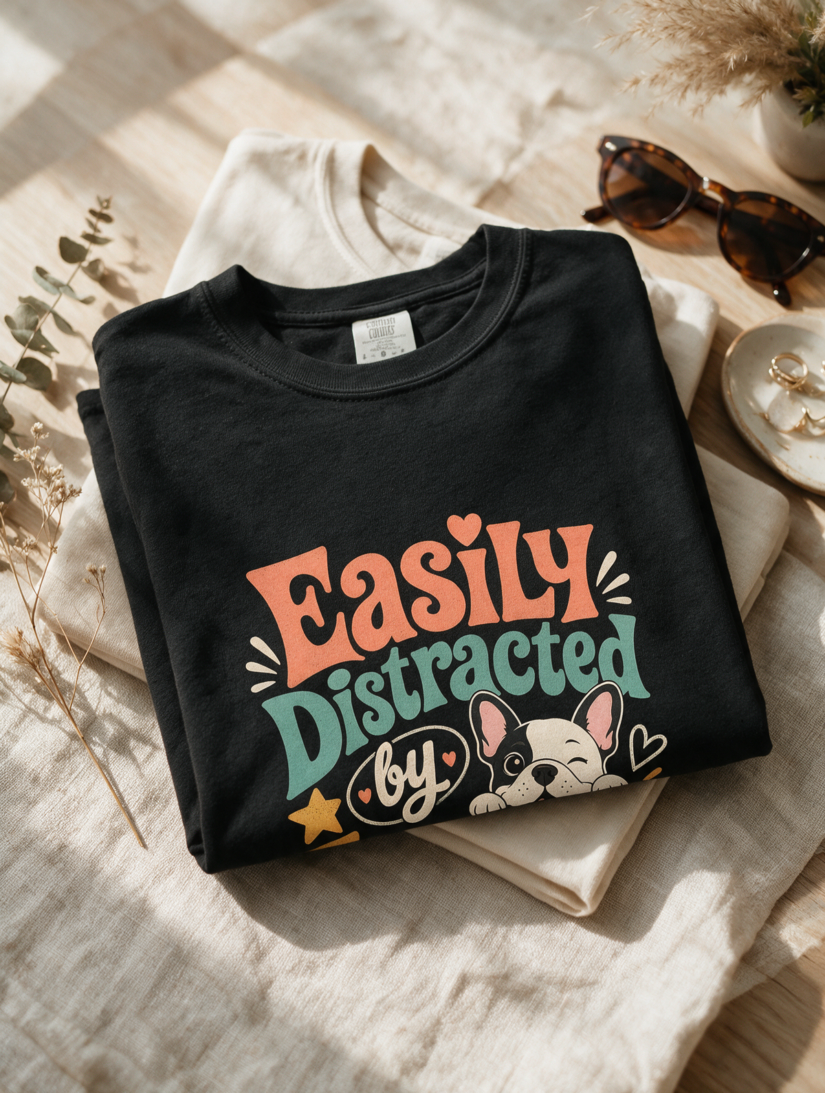 Easily Distracted by Frenchies T-Shirt — Cute French Bulldog Tee for Dog Lovers