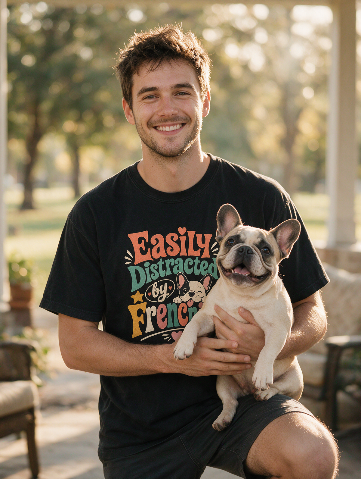 Easily Distracted by Frenchies T-Shirt — Cute French Bulldog Tee for Dog Lovers
