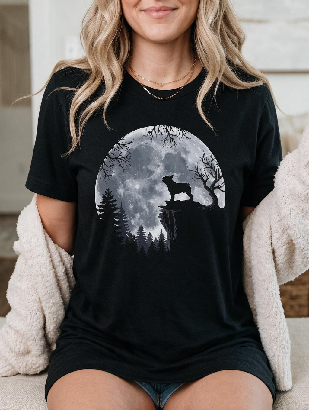 Comfor Colors French Bulldog Moon T-Shirt — Silhouette Frenchie on Full Moon