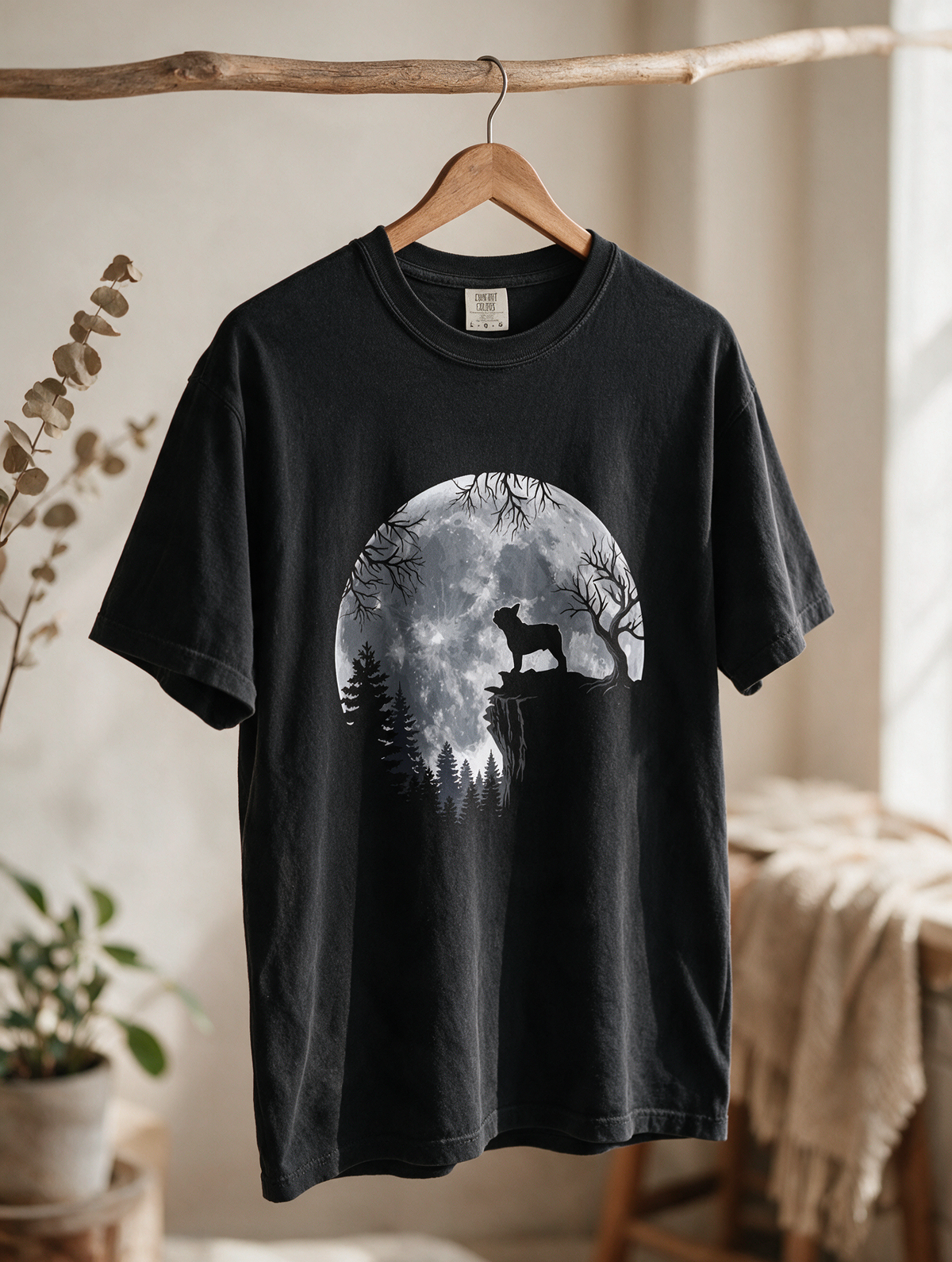 Comfor Colors French Bulldog Moon T-Shirt — Silhouette Frenchie on Full Moon