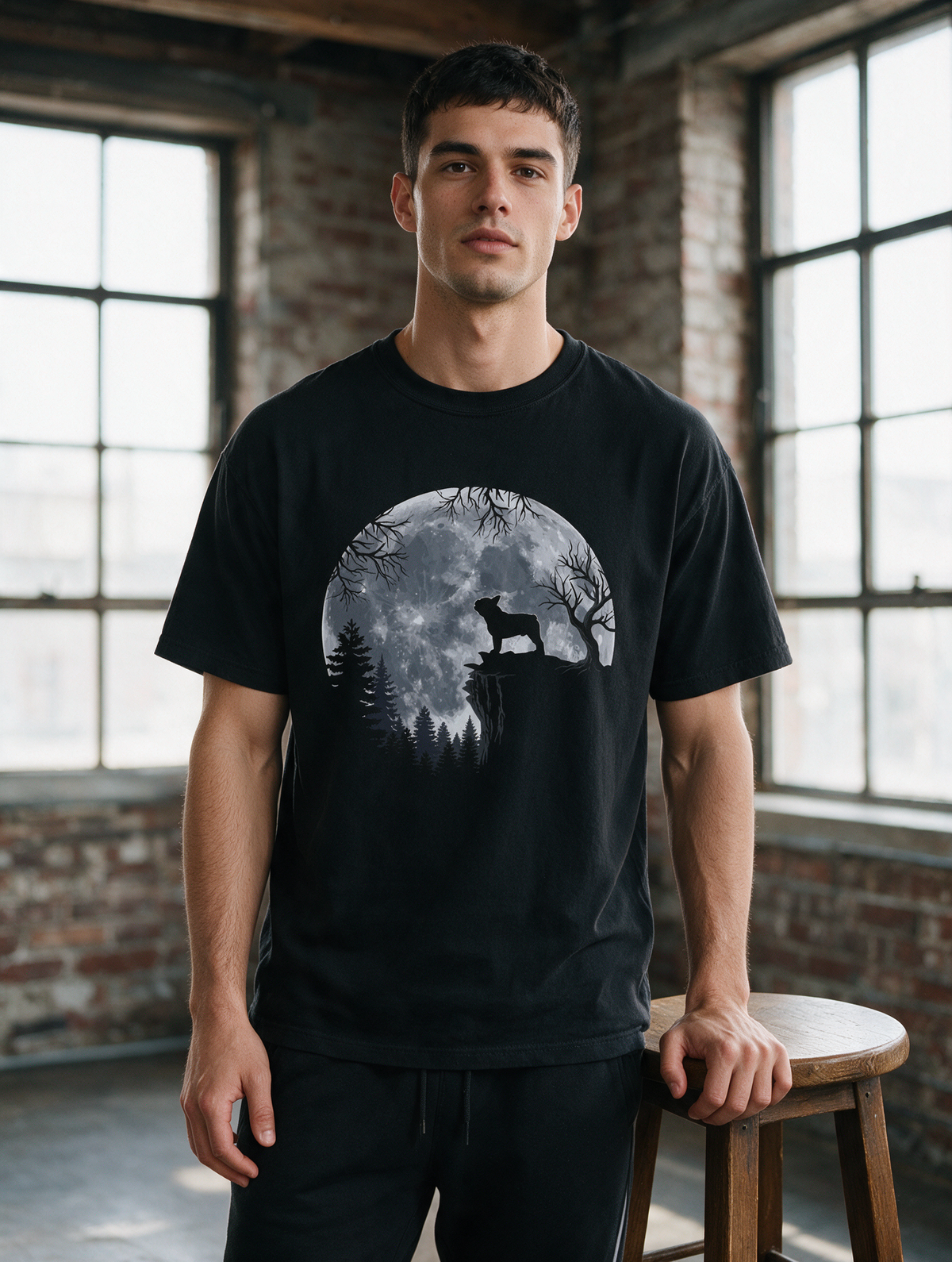 Comfor Colors French Bulldog Moon T-Shirt — Silhouette Frenchie on Full Moon