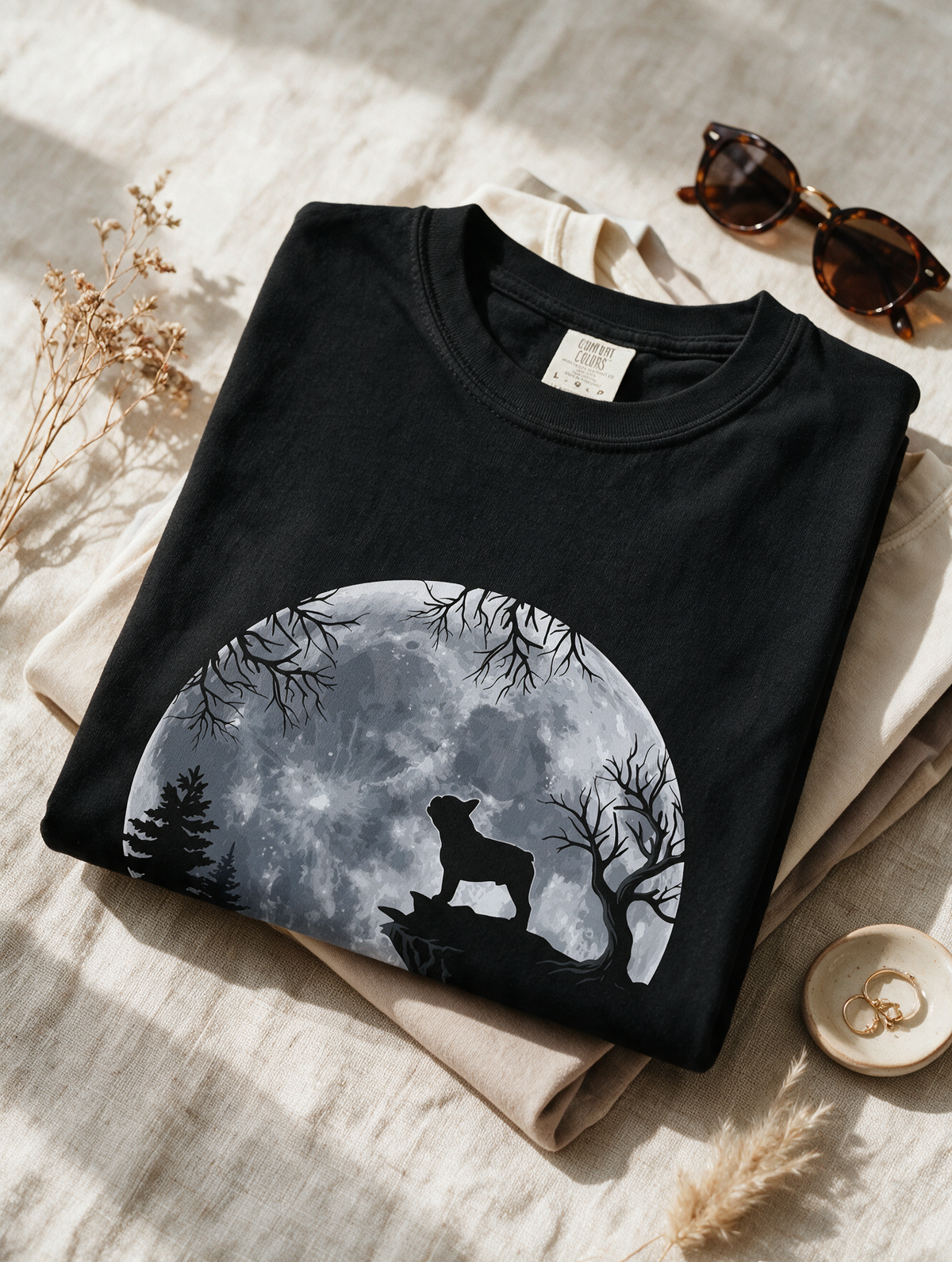 Comfor Colors French Bulldog Moon T-Shirt — Silhouette Frenchie on Full Moon