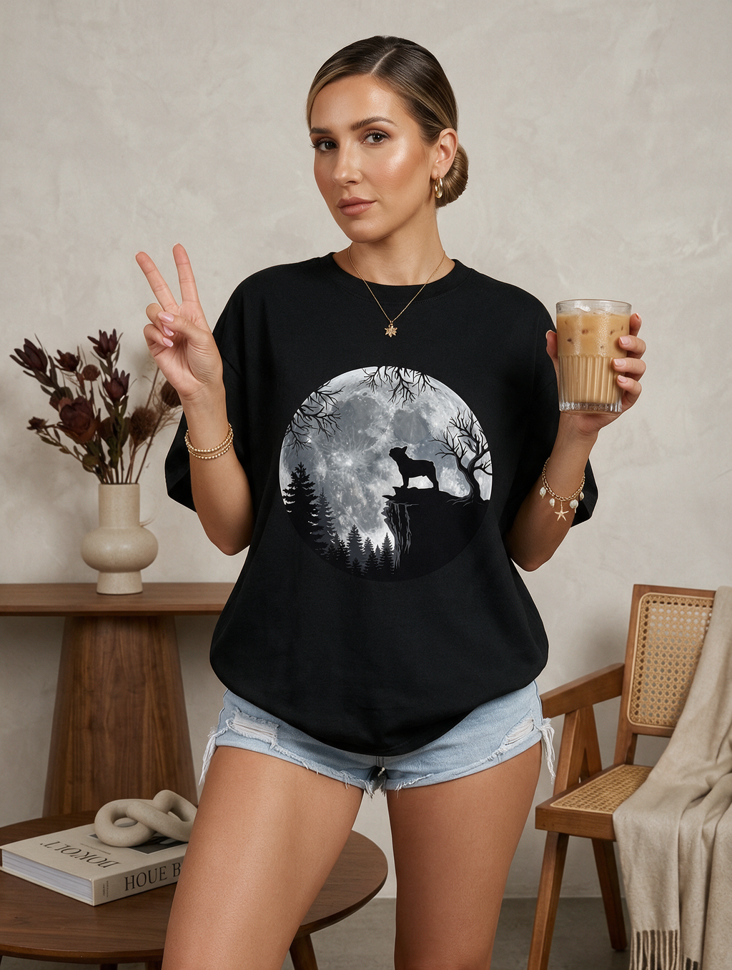 Comfor Colors French Bulldog Moon T-Shirt — Silhouette Frenchie on Full Moon