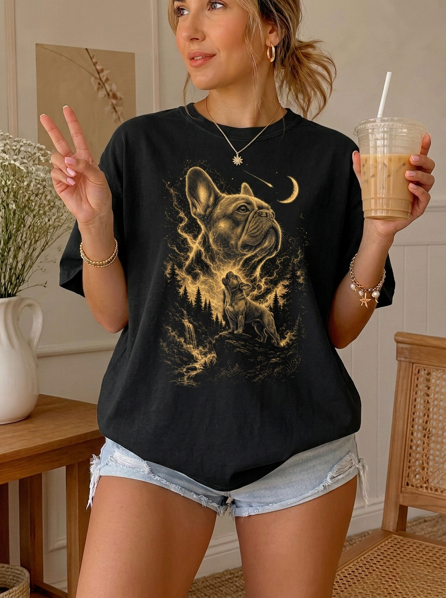Comfort Colors French Bulldog Moon Forest T‑Shirt — Golden Night Pup Graphic Tee