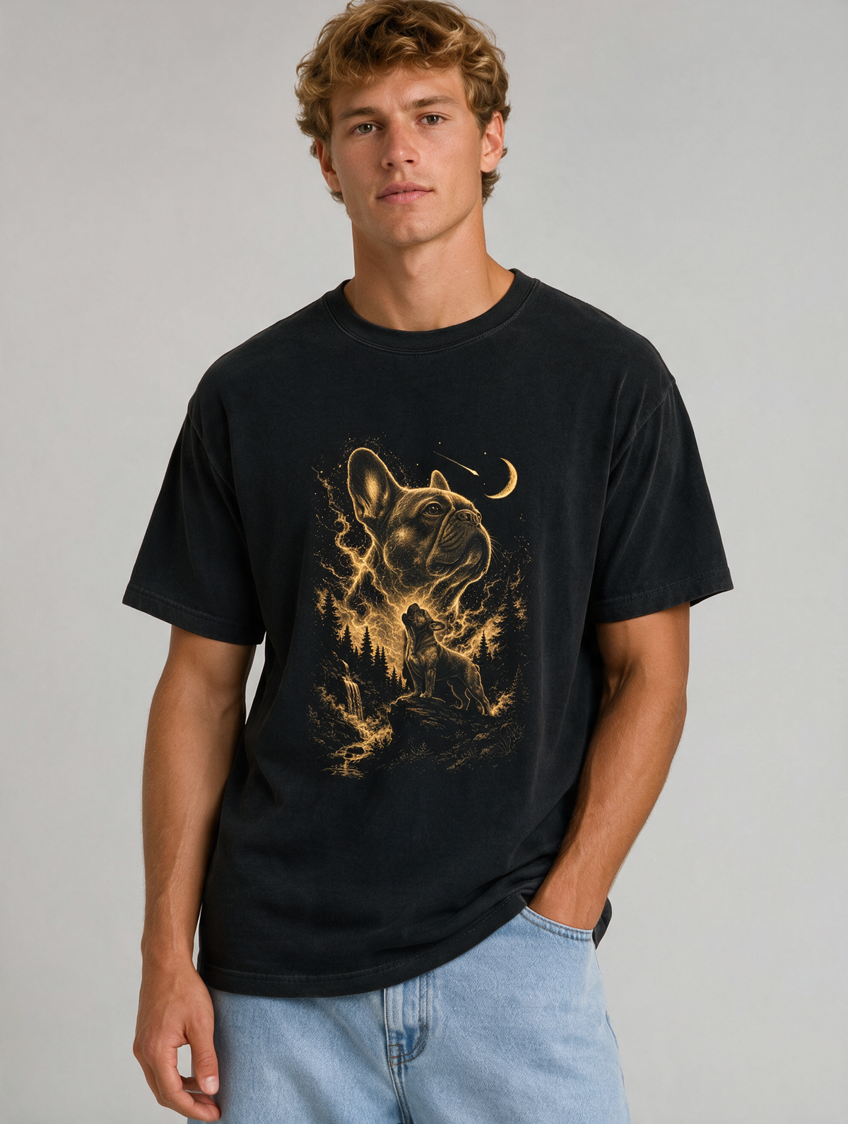 Comfort Colors French Bulldog Moon Forest T‑Shirt — Golden Night Pup Graphic Tee