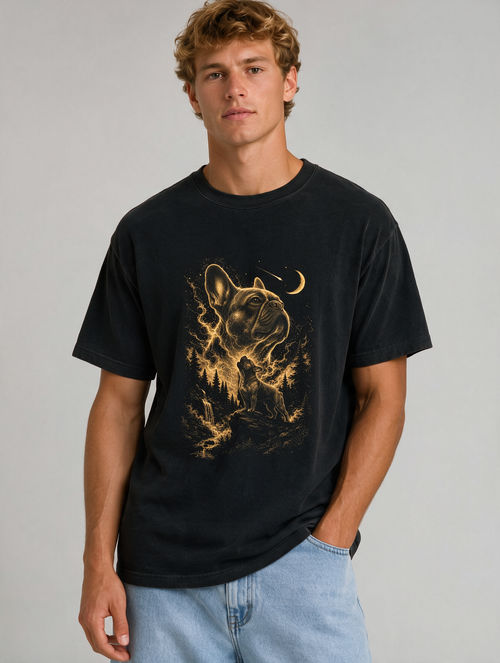 Comfort Colors French Bulldog Moon Forest T‑Shirt — Golden Night Pup Graphic Tee