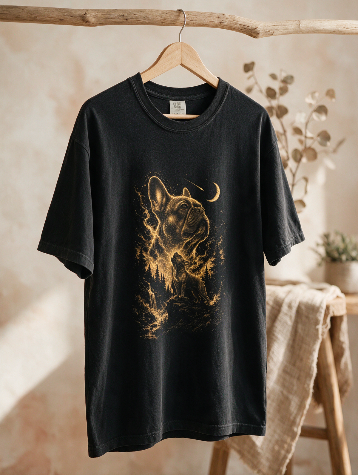 Comfort Colors French Bulldog Moon Forest T‑Shirt — Golden Night Pup Graphic Tee