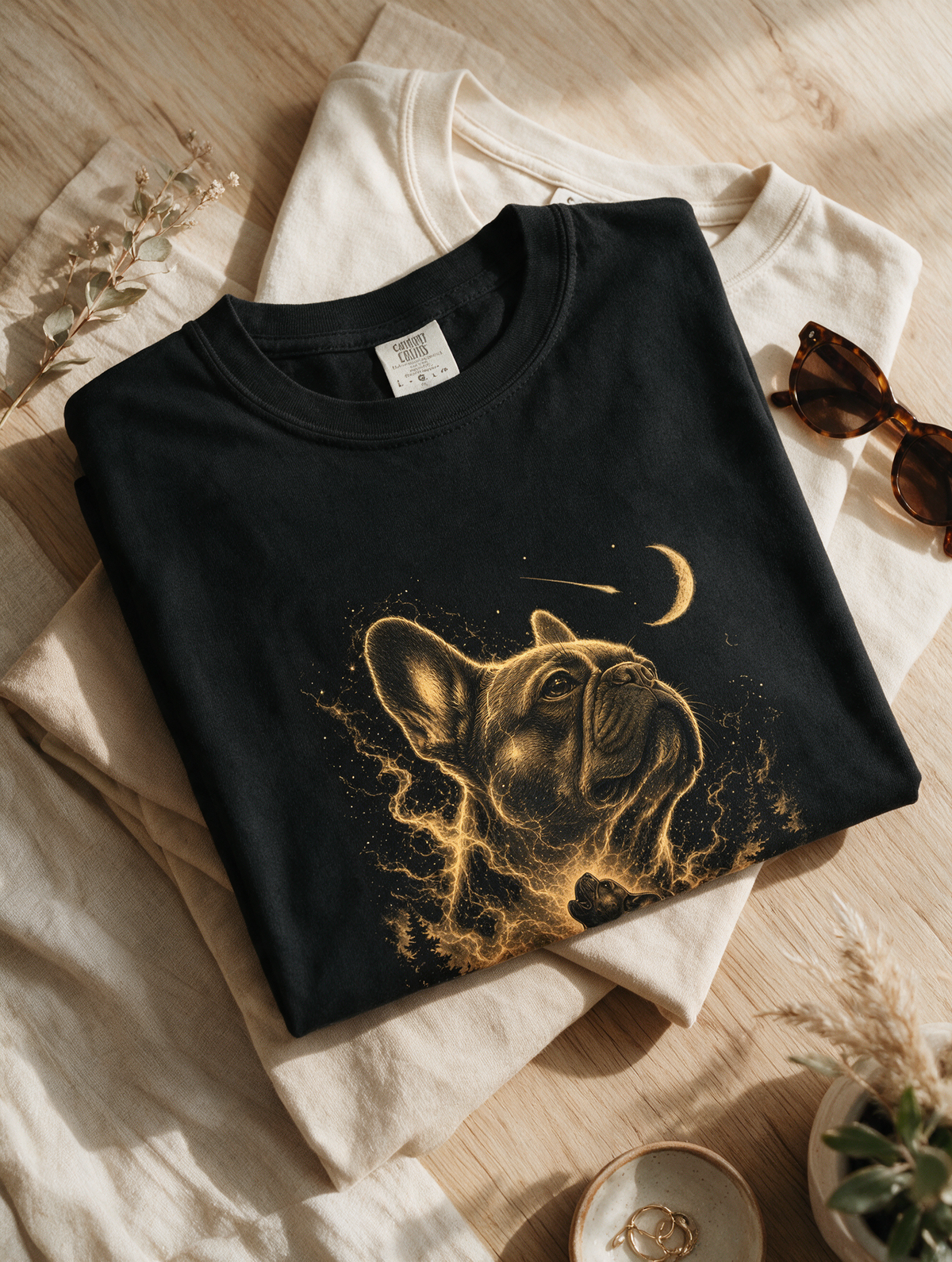 Comfort Colors French Bulldog Moon Forest T‑Shirt — Golden Night Pup Graphic Tee