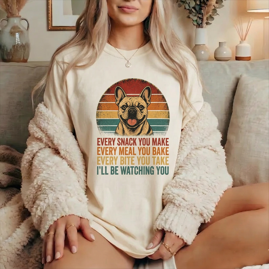 French Bulldog Snack Patrol T-Shirt — Retro Dog Graphic "Every Snack You Make" Tee
