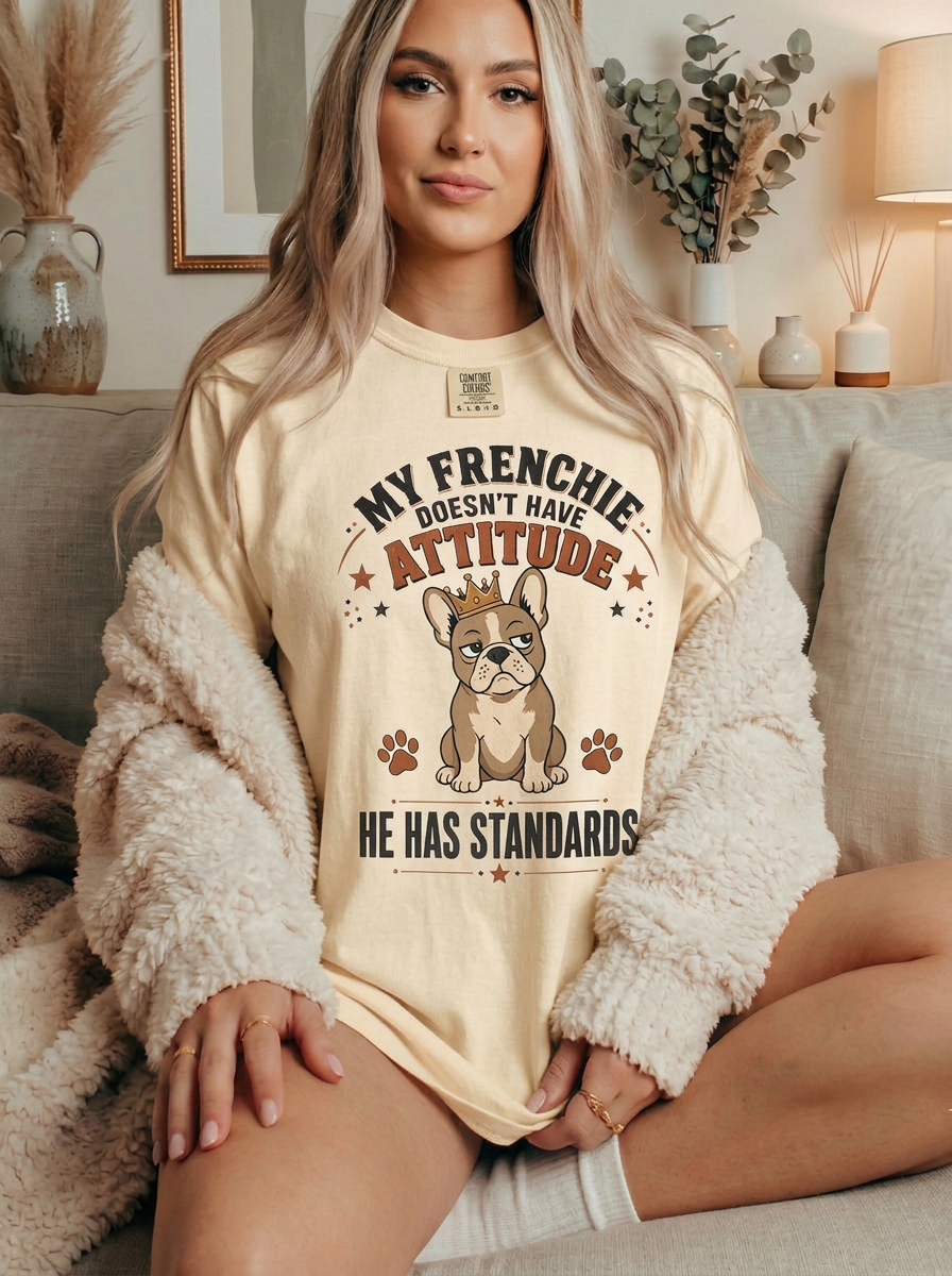 French Bulldog T‑Shirt — “My Frenchie Doesn’t Have Attitude, He Has Standards” Cute Pet Tee