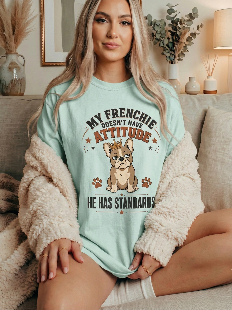 French Bulldog T‑Shirt — “My Frenchie Doesn’t Have Attitude, He Has Standards” Cute Pet Tee