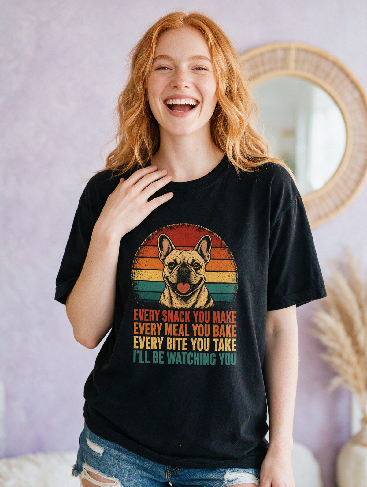 French Bulldog Snack Patrol T-Shirt — Retro Dog Graphic "Every Snack You Make" Tee