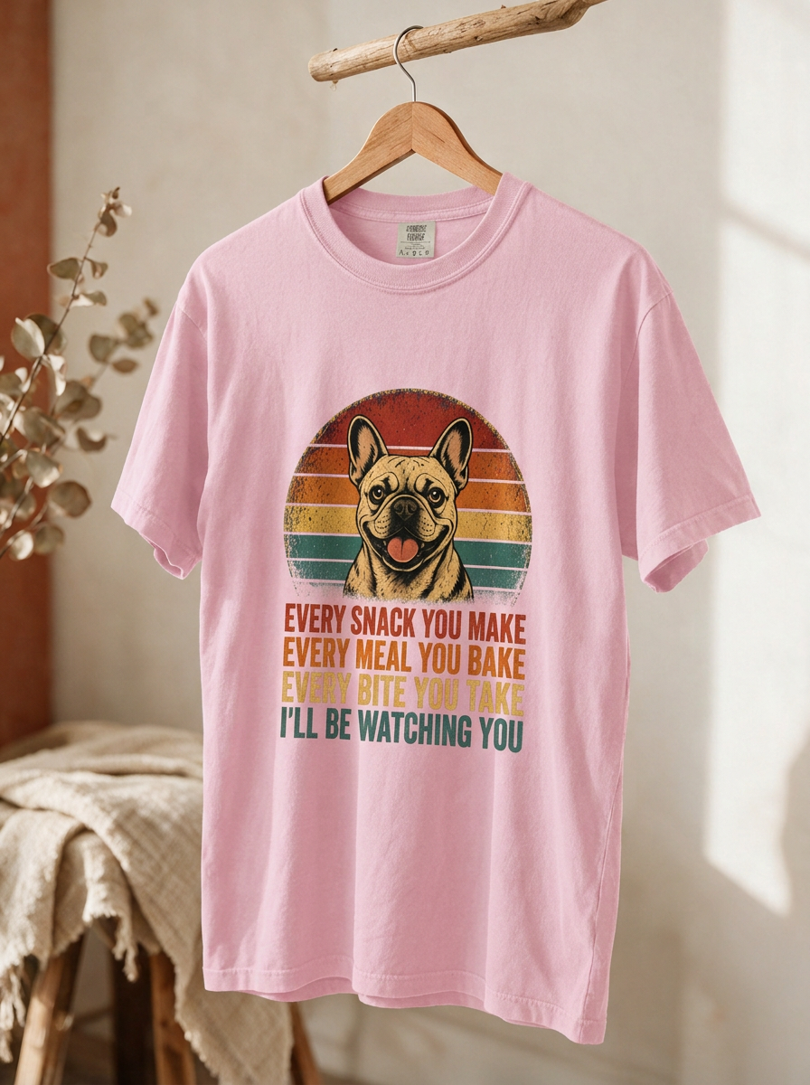French Bulldog Snack Patrol T-Shirt — Retro Dog Graphic "Every Snack You Make" Tee