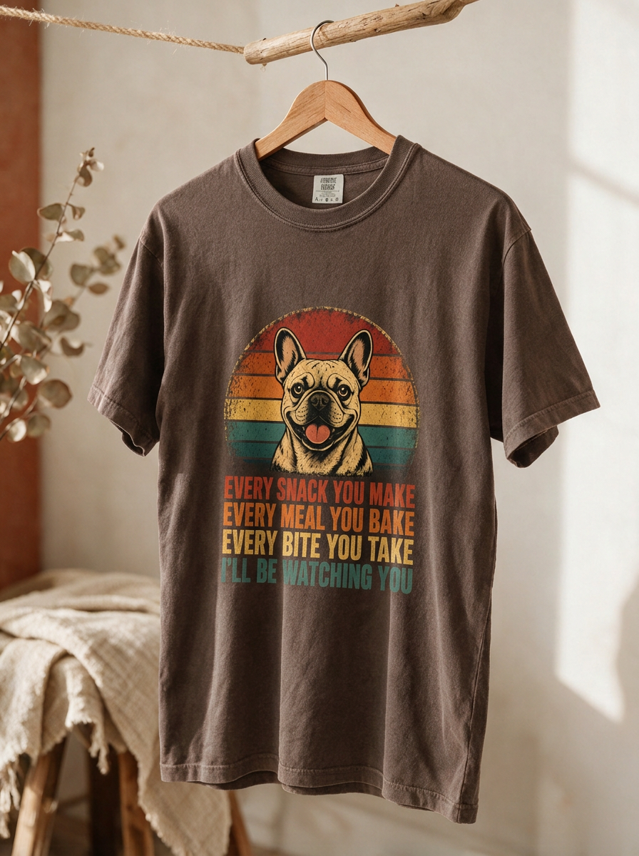 French Bulldog Snack Patrol T-Shirt — Retro Dog Graphic "Every Snack You Make" Tee