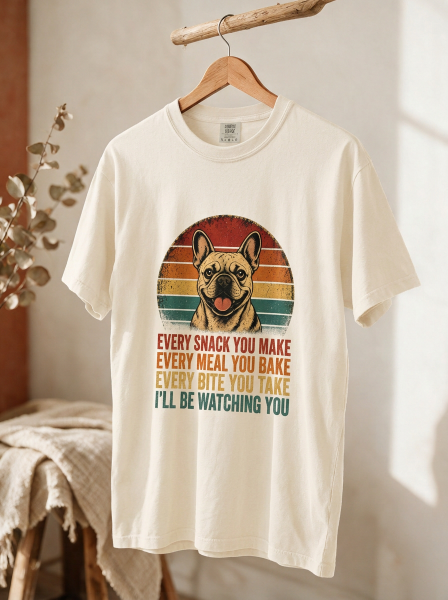 French Bulldog Snack Patrol T-Shirt — Retro Dog Graphic "Every Snack You Make" Tee