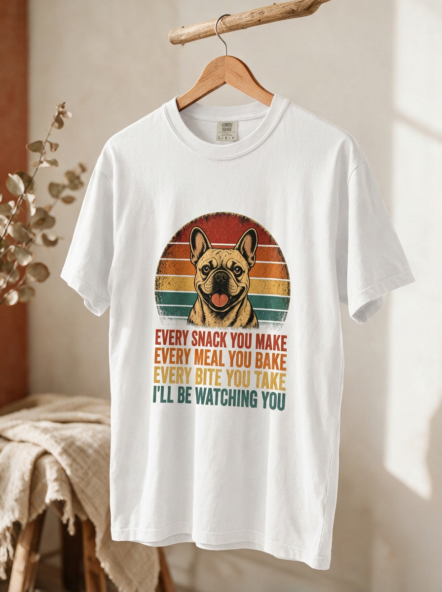 French Bulldog Snack Patrol T-Shirt — Retro Dog Graphic "Every Snack You Make" Tee