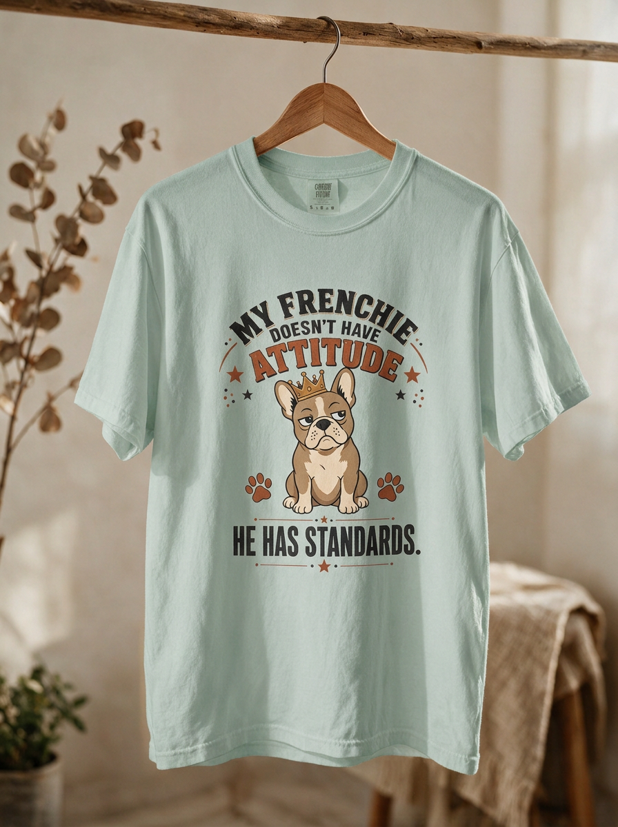 French Bulldog T‑Shirt — “My Frenchie Doesn’t Have Attitude, He Has Standards” Cute Pet Tee