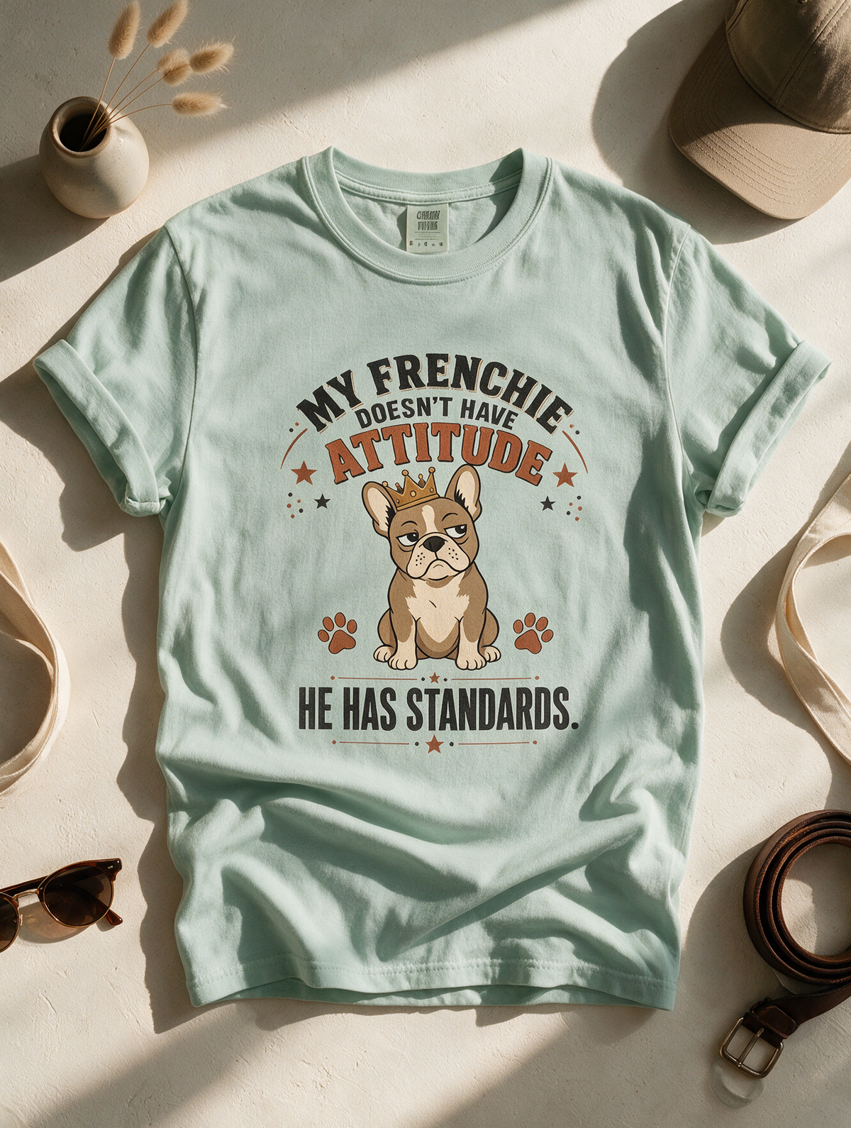 French Bulldog T‑Shirt — “My Frenchie Doesn’t Have Attitude, He Has Standards” Cute Pet Tee