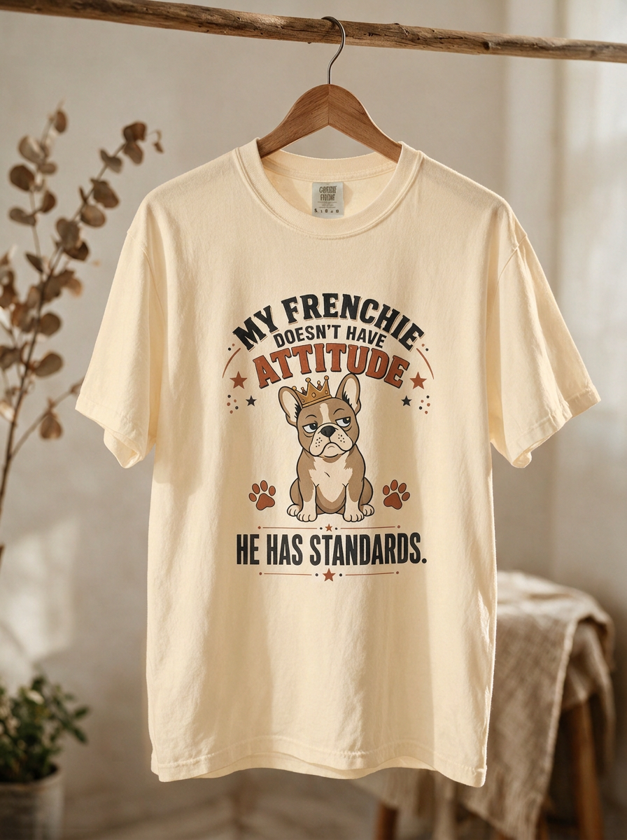 French Bulldog T‑Shirt — “My Frenchie Doesn’t Have Attitude, He Has Standards” Cute Pet Tee