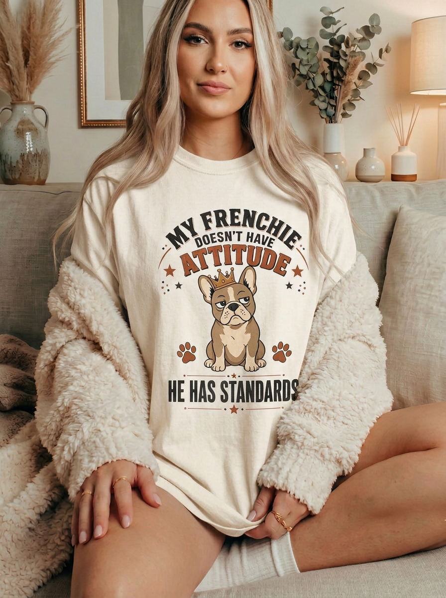 French Bulldog T‑Shirt — “My Frenchie Doesn’t Have Attitude, He Has Standards” Cute Pet Tee
