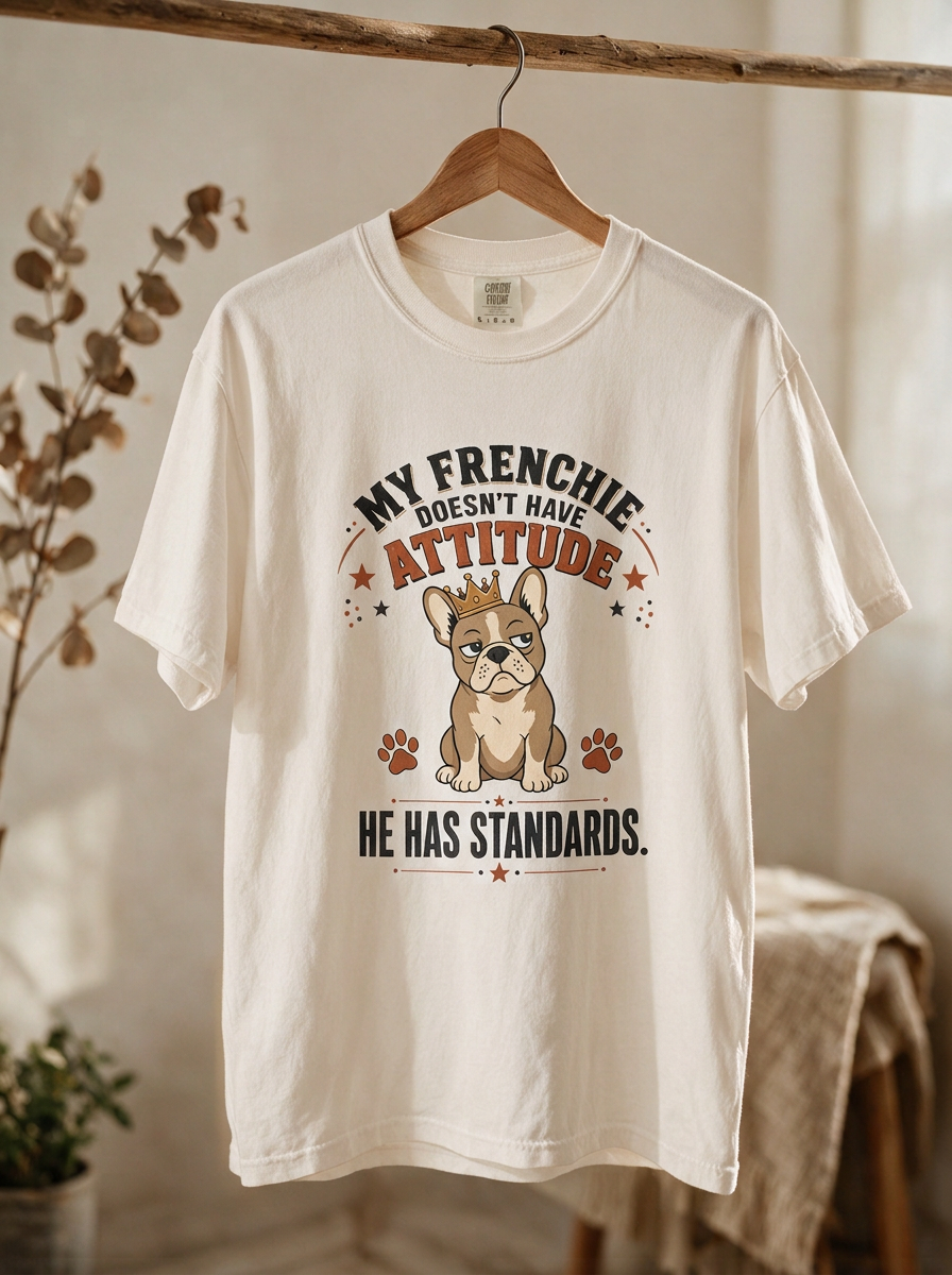 French Bulldog T‑Shirt — “My Frenchie Doesn’t Have Attitude, He Has Standards” Cute Pet Tee