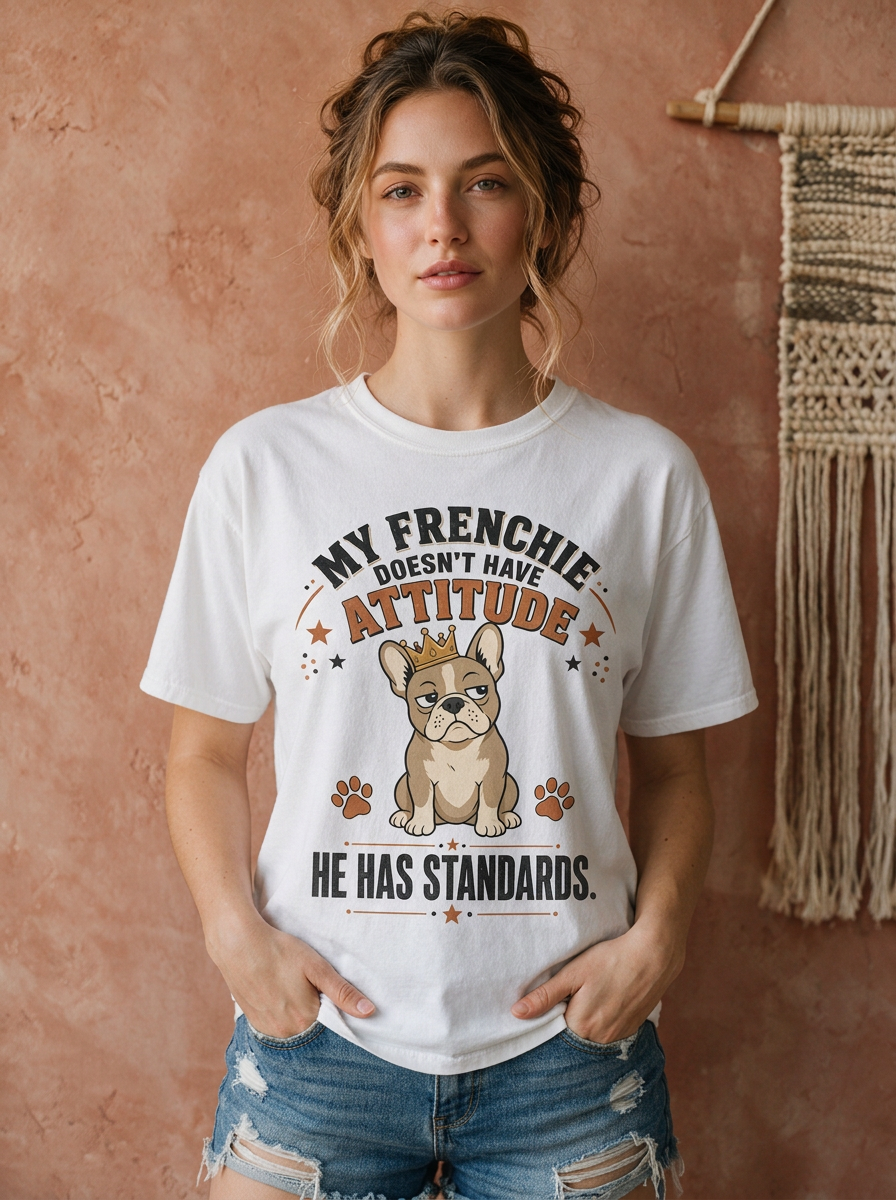 French Bulldog T‑Shirt — “My Frenchie Doesn’t Have Attitude, He Has Standards” Cute Pet Tee