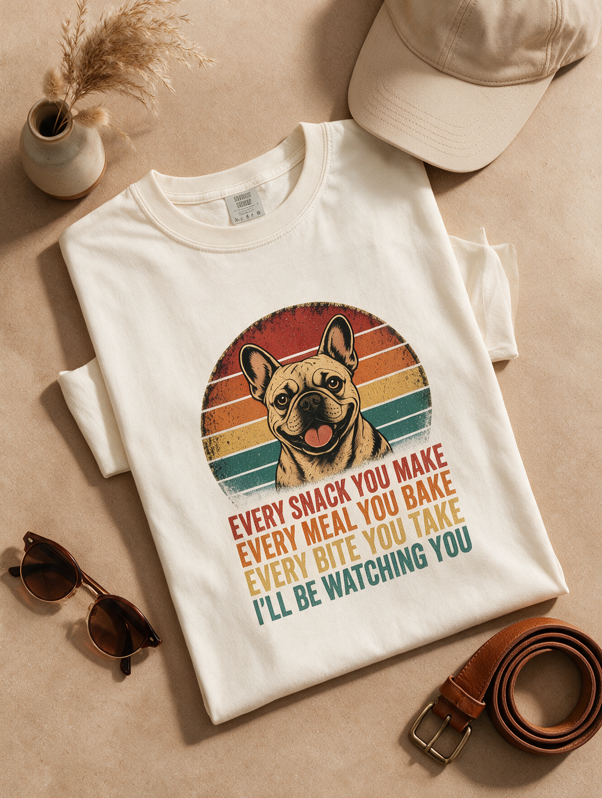 French Bulldog Snack Patrol T-Shirt — Retro Dog Graphic "Every Snack You Make" Tee